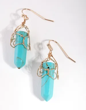 Gold Coil Wrap Turquoise Stone Drop Earrings
