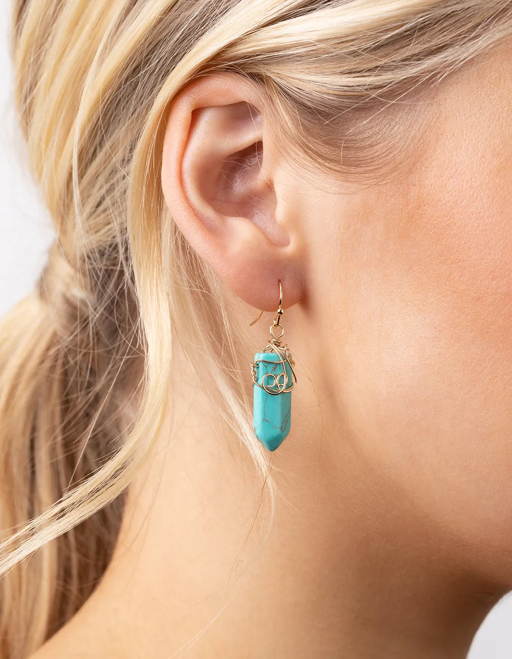 Gold Coil Wrap Turquoise Stone Drop Earrings