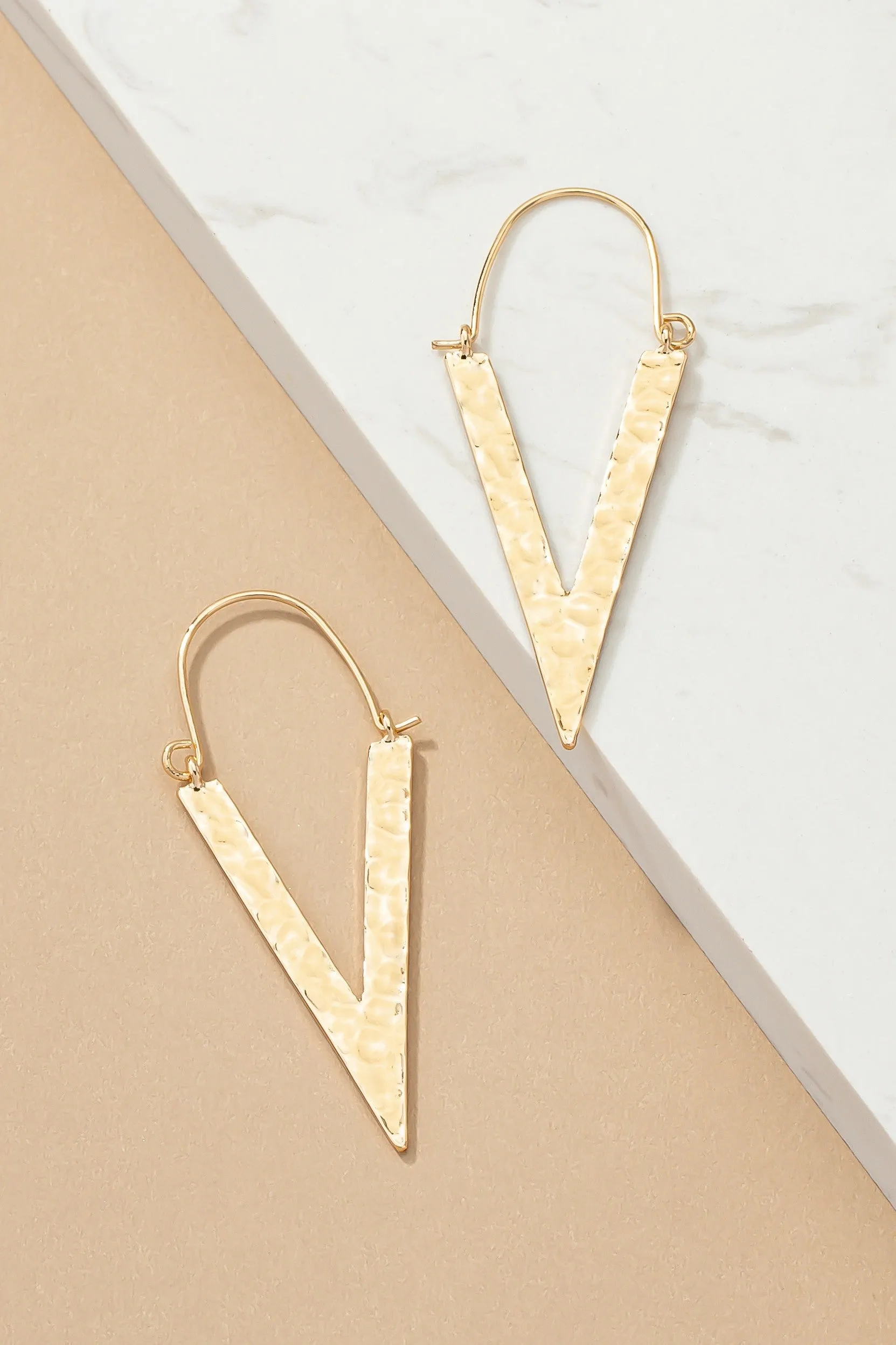 Gold Hammered V-drop Earrings
