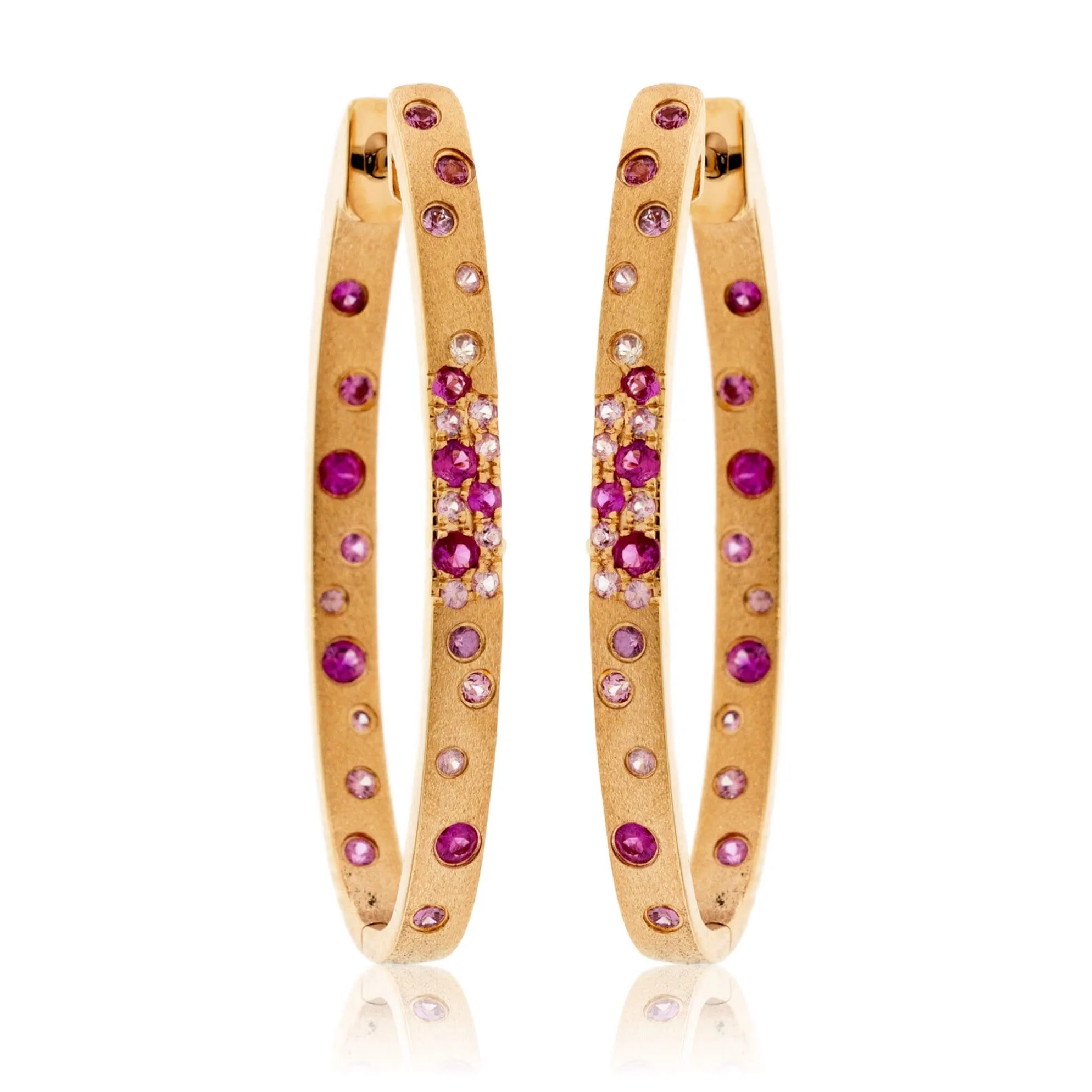 Gold Satin Finish Flush Set Ruby Oval Hoop Earrings