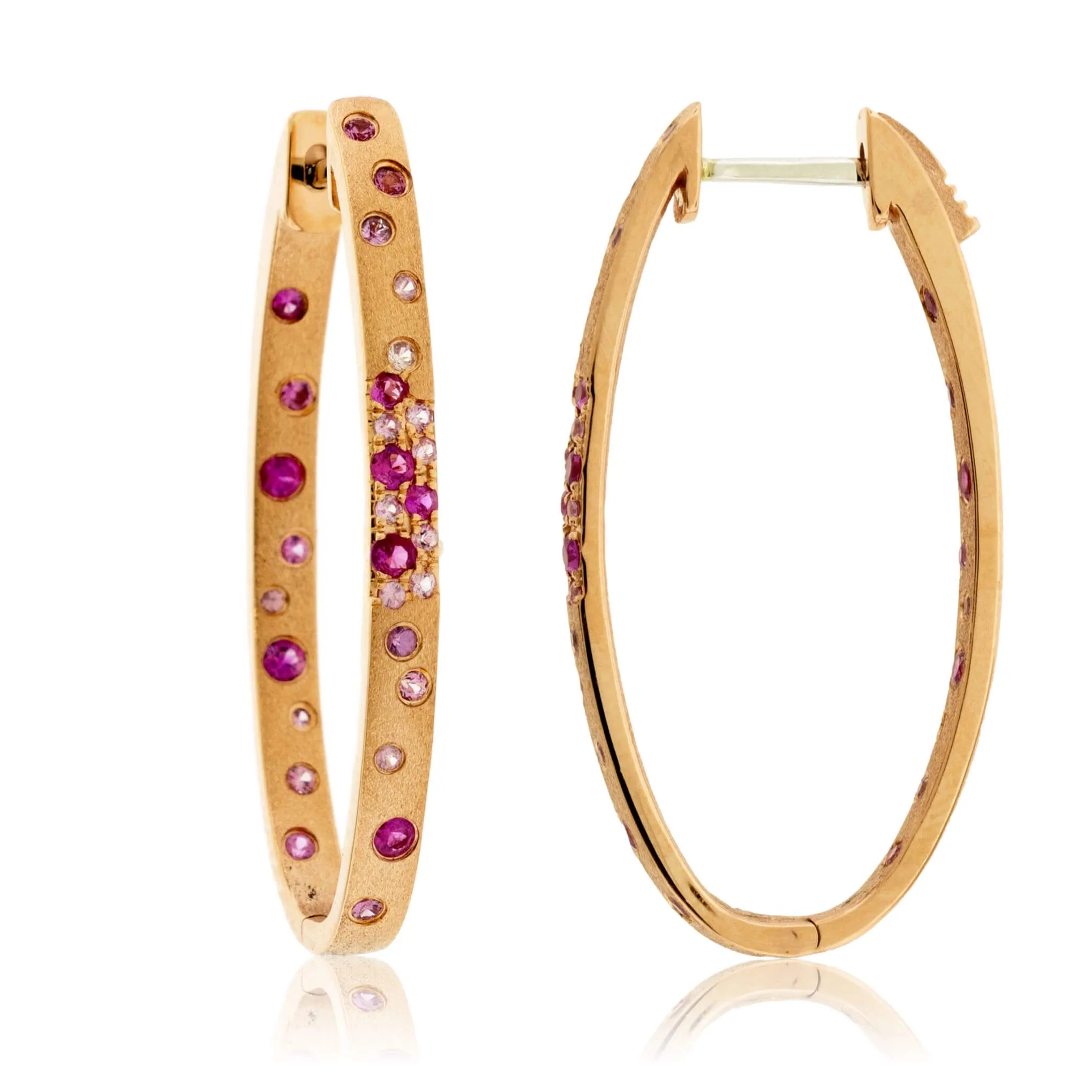 Gold Satin Finish Flush Set Ruby Oval Hoop Earrings