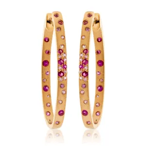 Gold Satin Finish Flush Set Ruby Oval Hoop Earrings