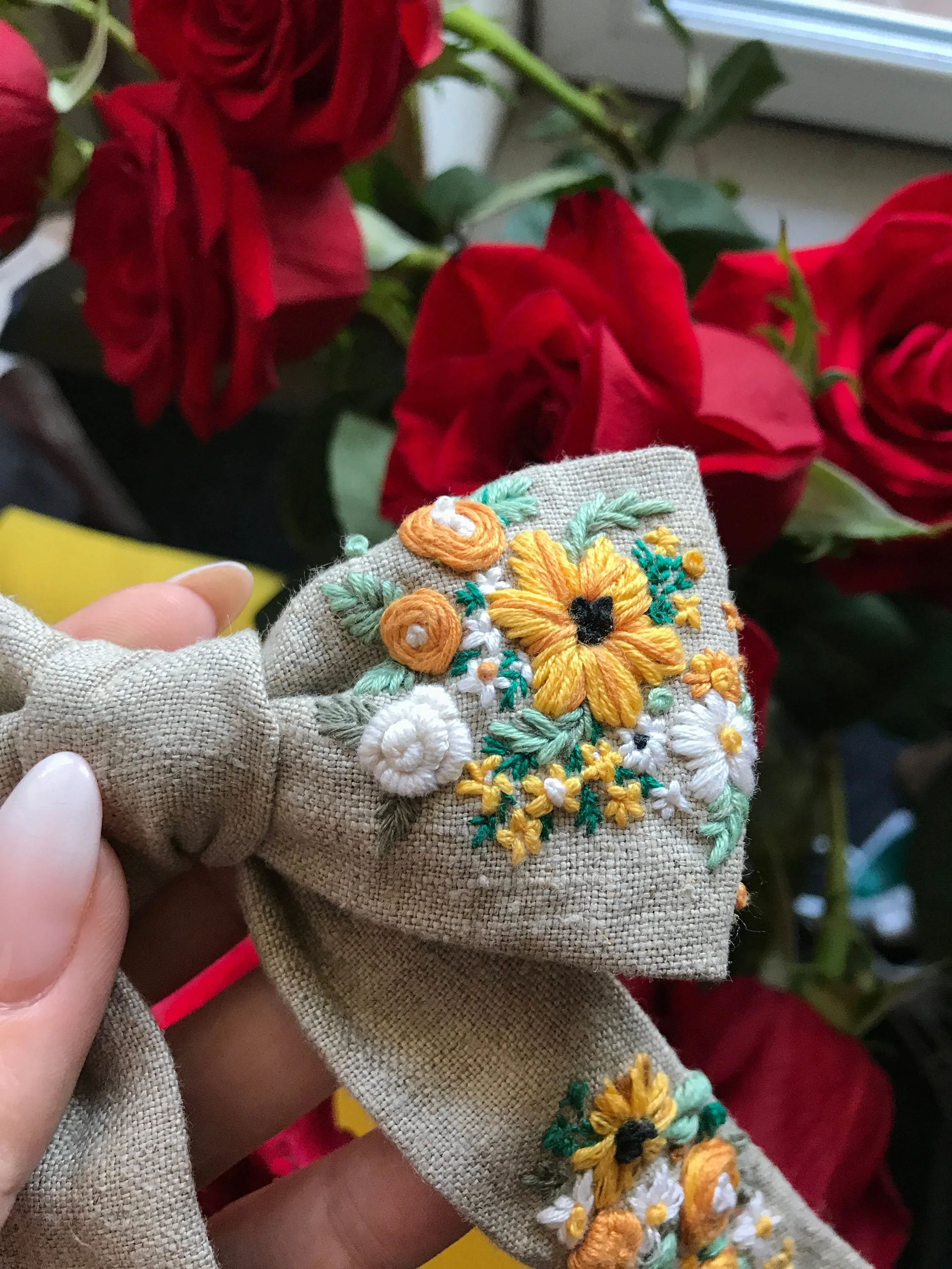 Gray linen hand embroidered hair bow barrette