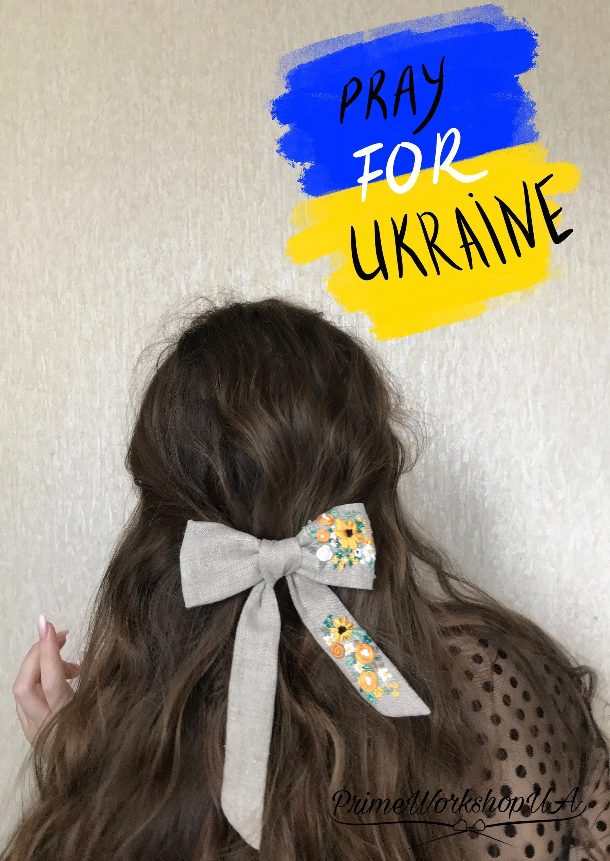Gray linen hand embroidered hair bow barrette