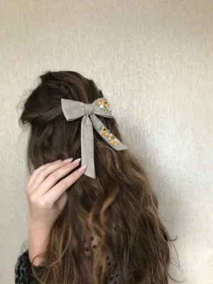 Gray linen hand embroidered hair bow barrette