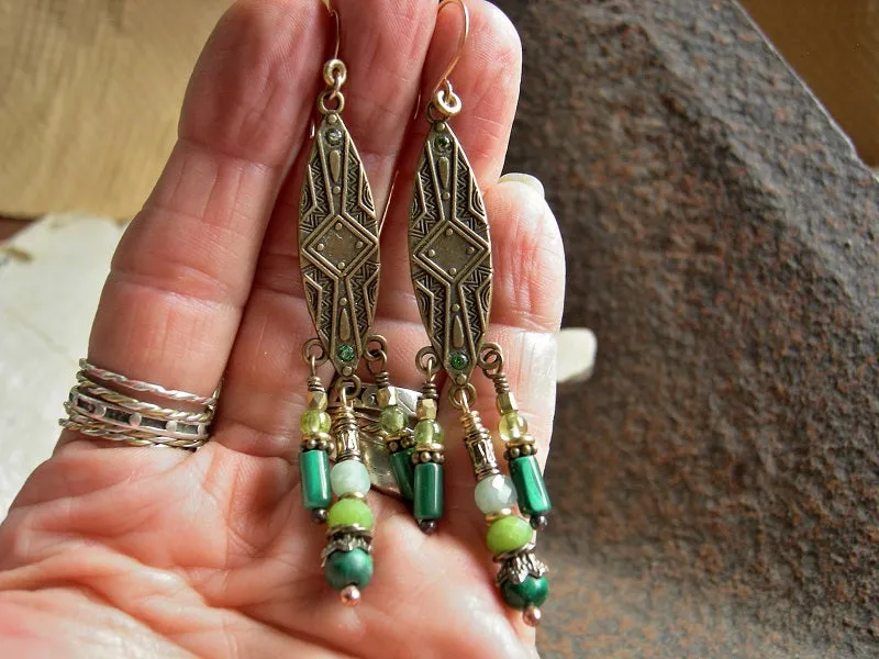 Green & Golden Chandelier Earrings, Shield Shapes, Gemstone Beads