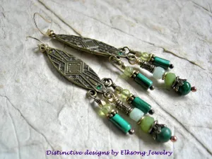 Green & Golden Chandelier Earrings, Shield Shapes, Gemstone Beads