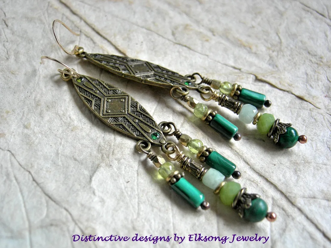 Green & Golden Chandelier Earrings, Shield Shapes, Gemstone Beads