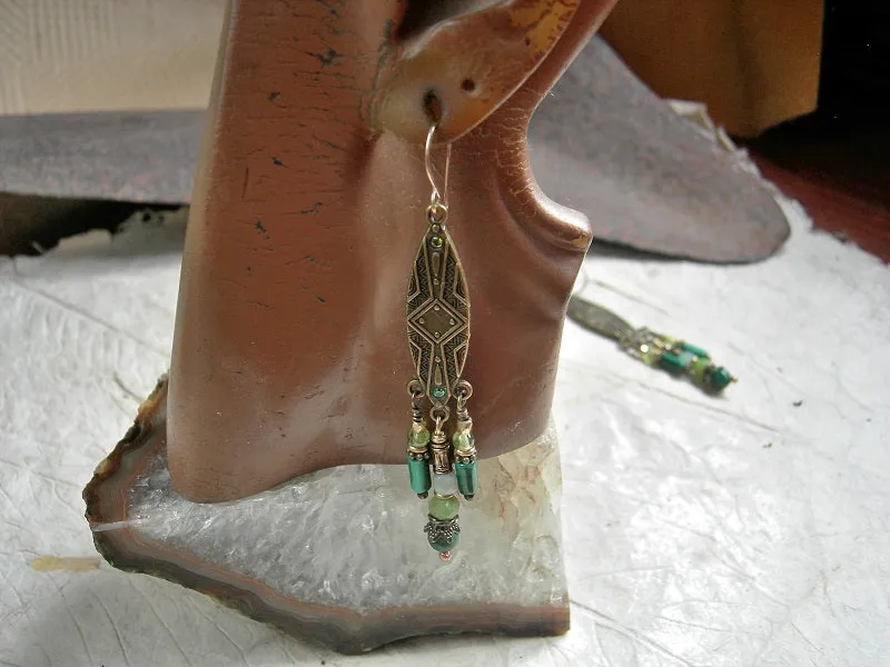 Green & Golden Chandelier Earrings, Shield Shapes, Gemstone Beads