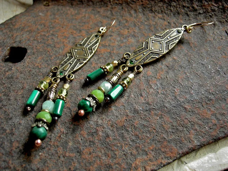 Green & Golden Chandelier Earrings, Shield Shapes, Gemstone Beads