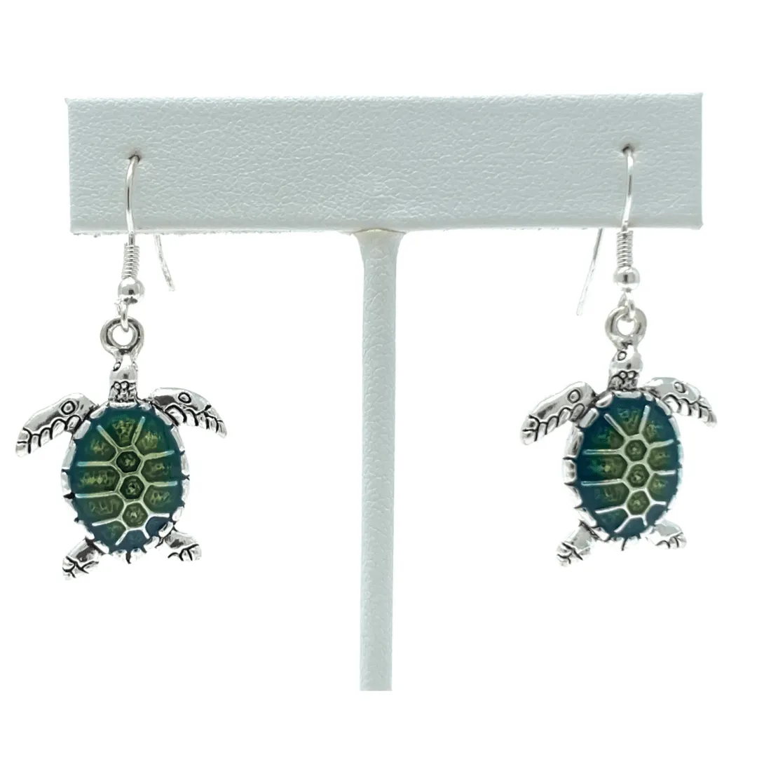 Green & Turquoise Sea Turtle Earrings In Silver