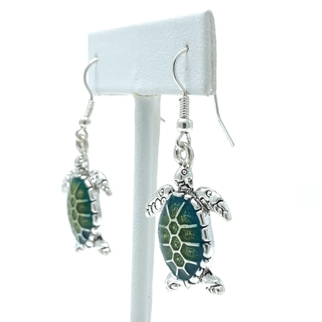 Green & Turquoise Sea Turtle Earrings In Silver
