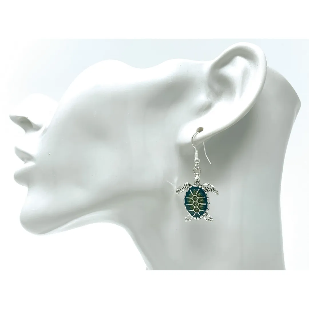 Green & Turquoise Sea Turtle Earrings In Silver