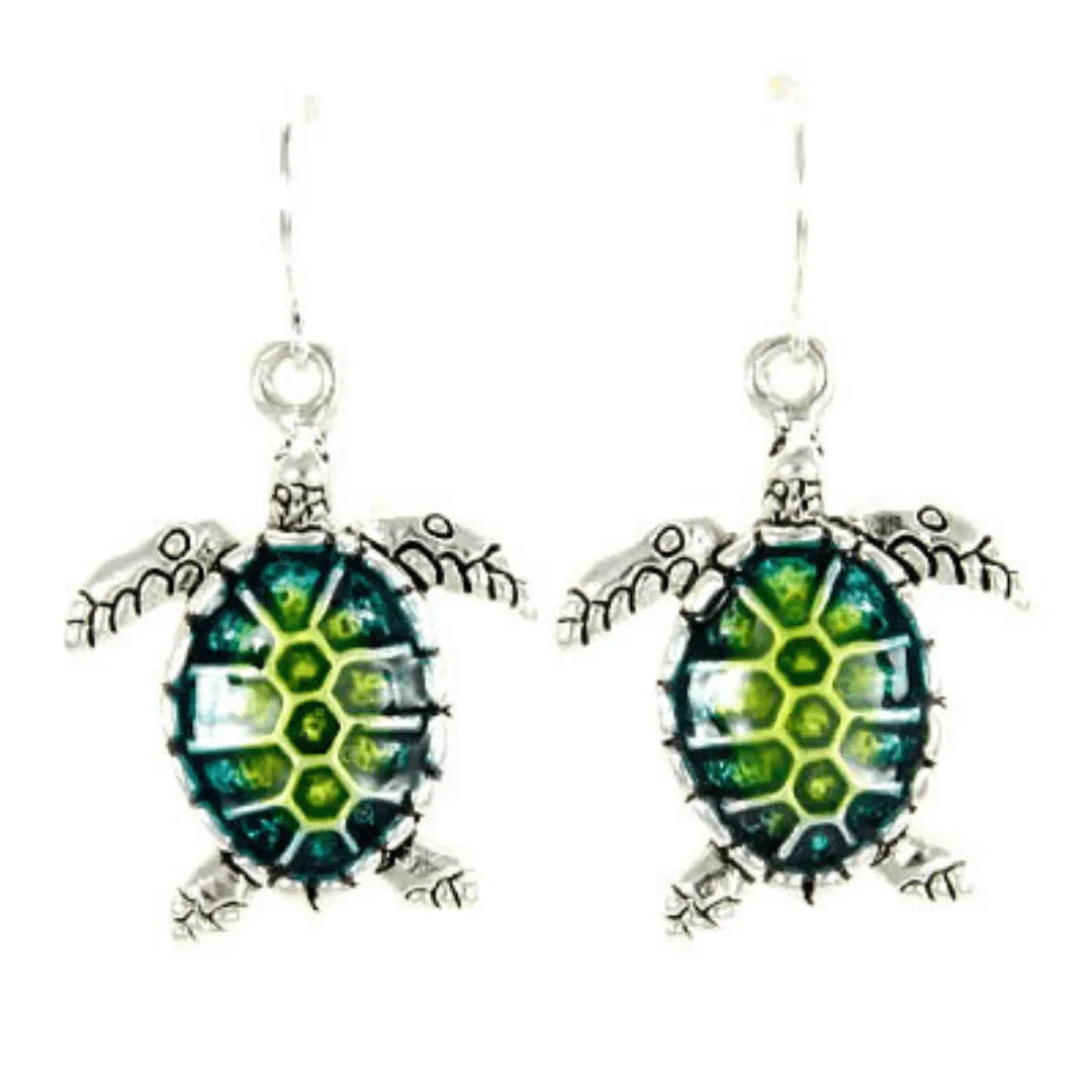 Green & Turquoise Sea Turtle Earrings In Silver