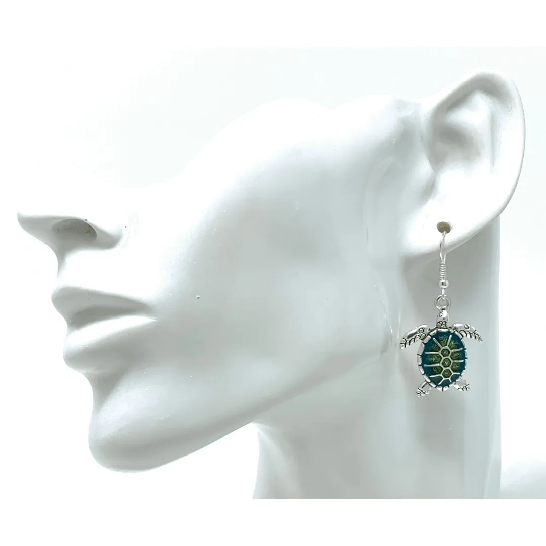 Green & Turquoise Sea Turtle Earrings In Silver