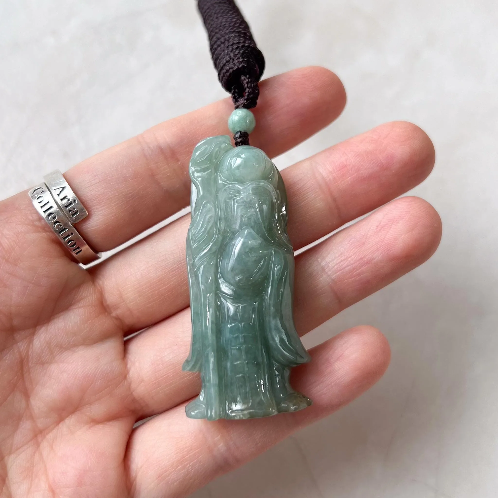 Green Jadeite Jade Longevity God, Shou Xing, 寿星公 Carved Pendant Necklace, YJ-1022-0065627
