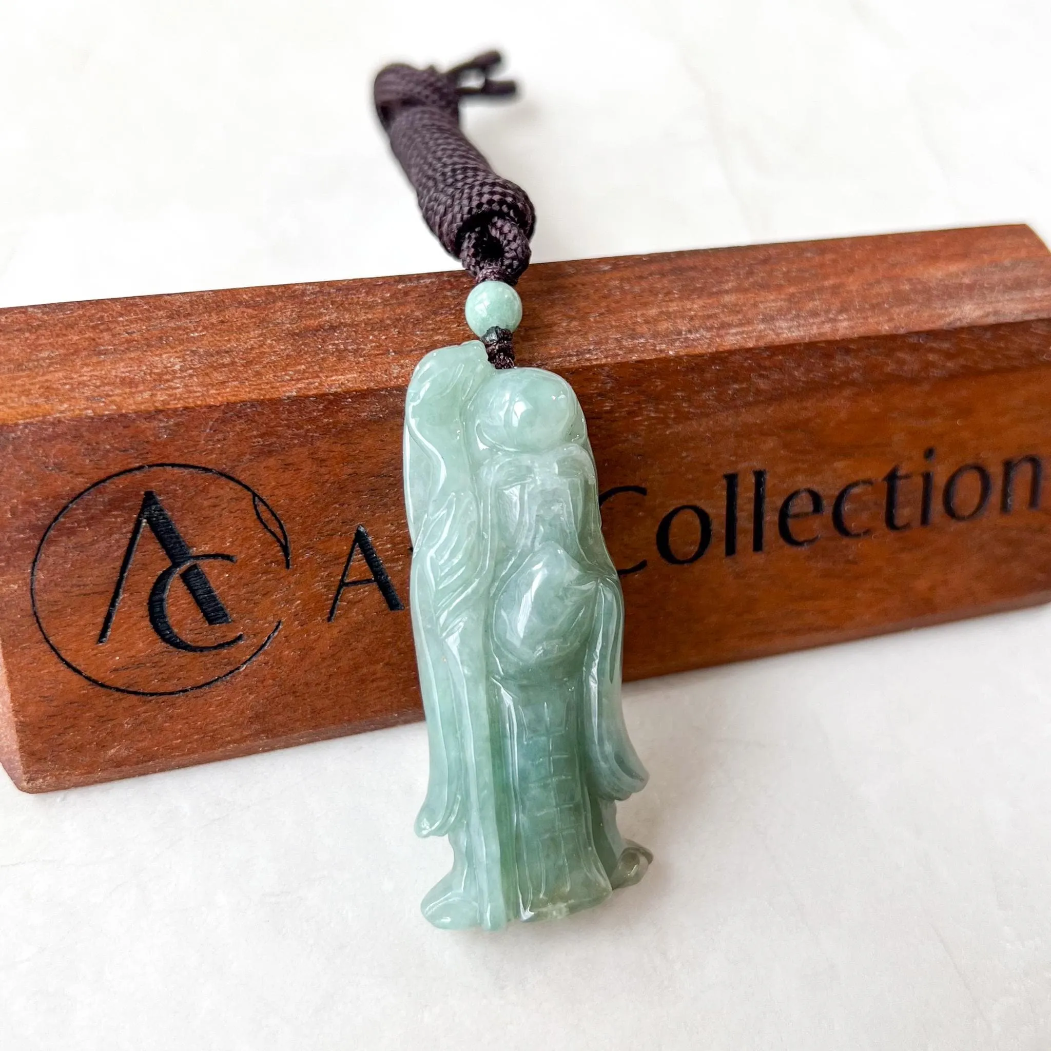 Green Jadeite Jade Longevity God, Shou Xing, 寿星公 Carved Pendant Necklace, YJ-1022-0065627