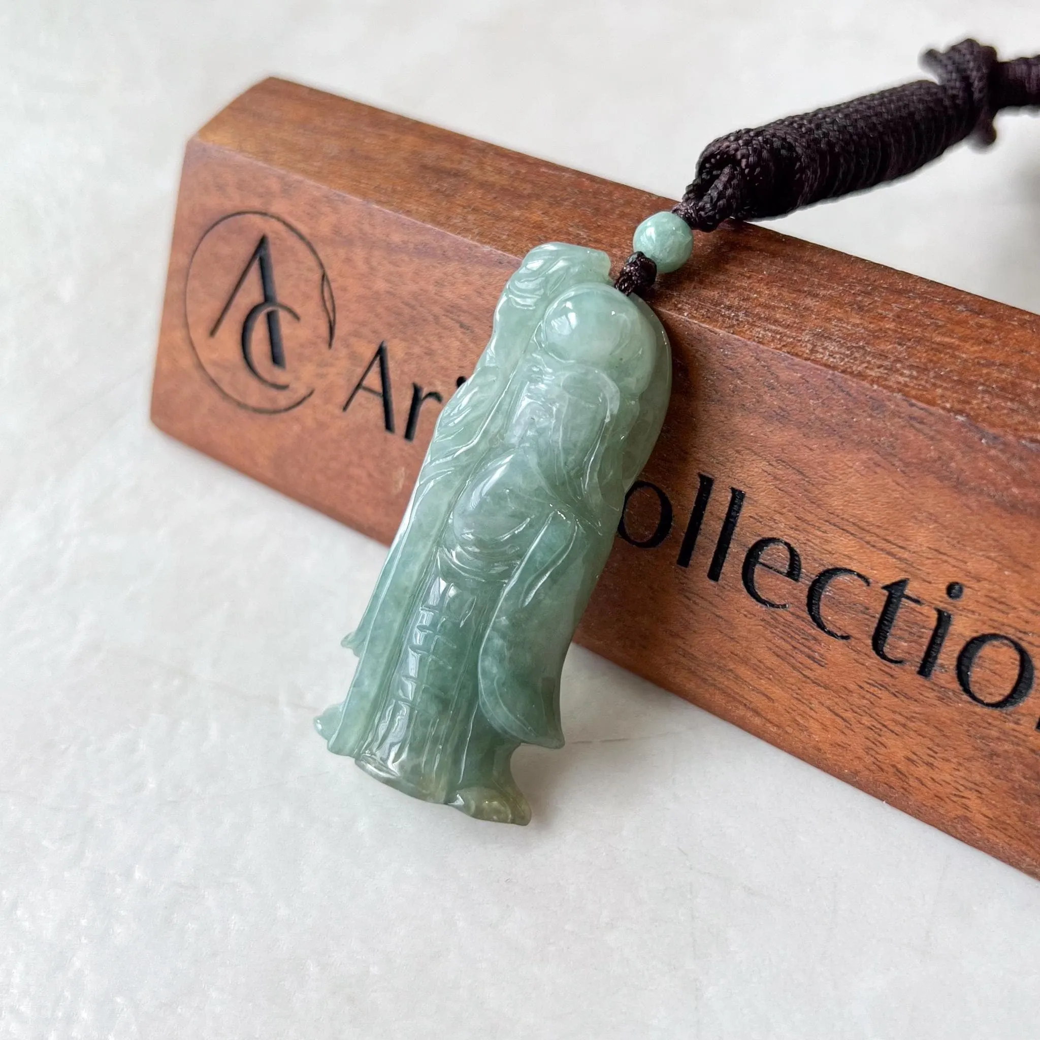 Green Jadeite Jade Longevity God, Shou Xing, 寿星公 Carved Pendant Necklace, YJ-1022-0065627