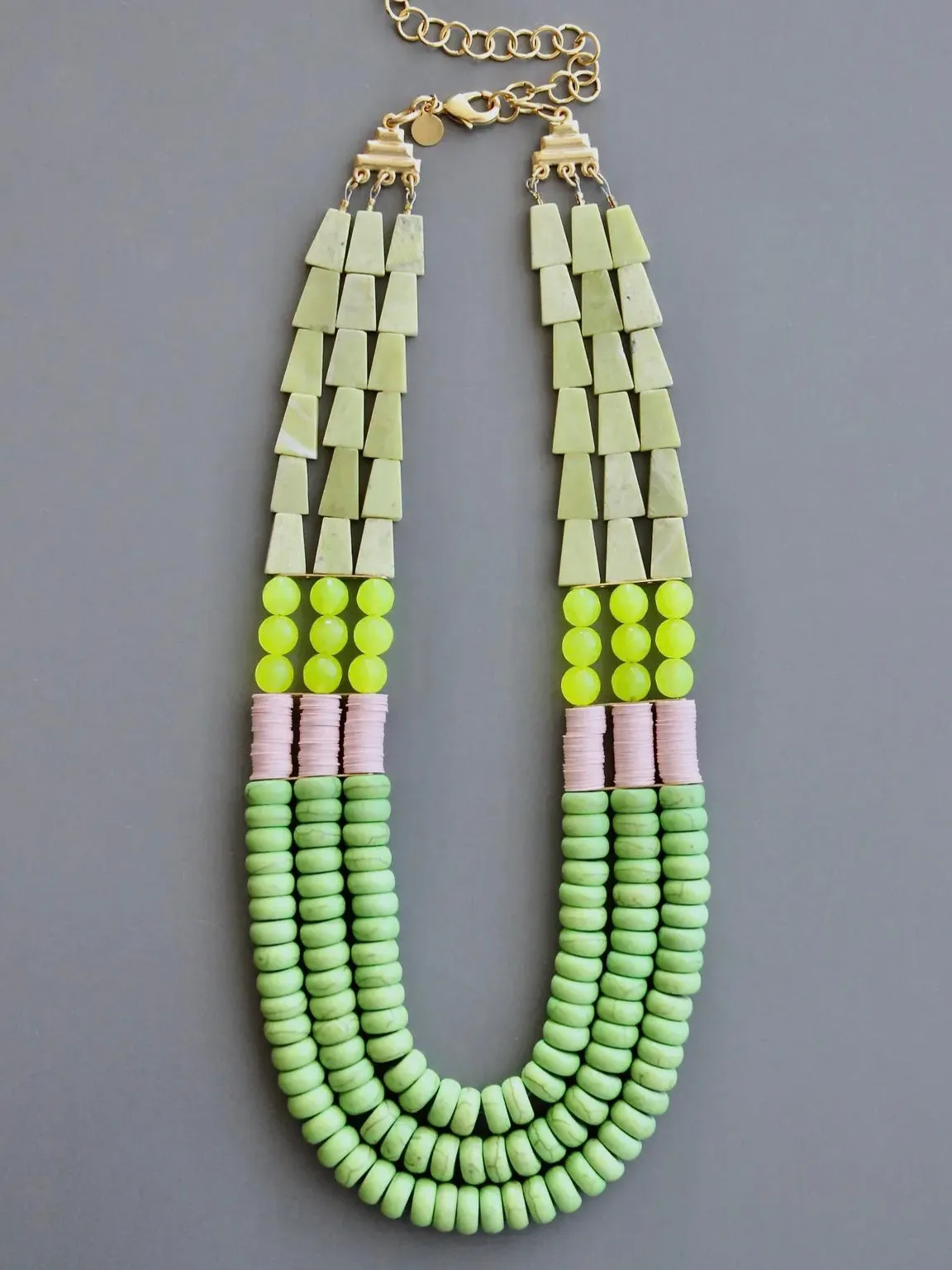 Handcrafted Serpentine and Jade Tiered  Necklace