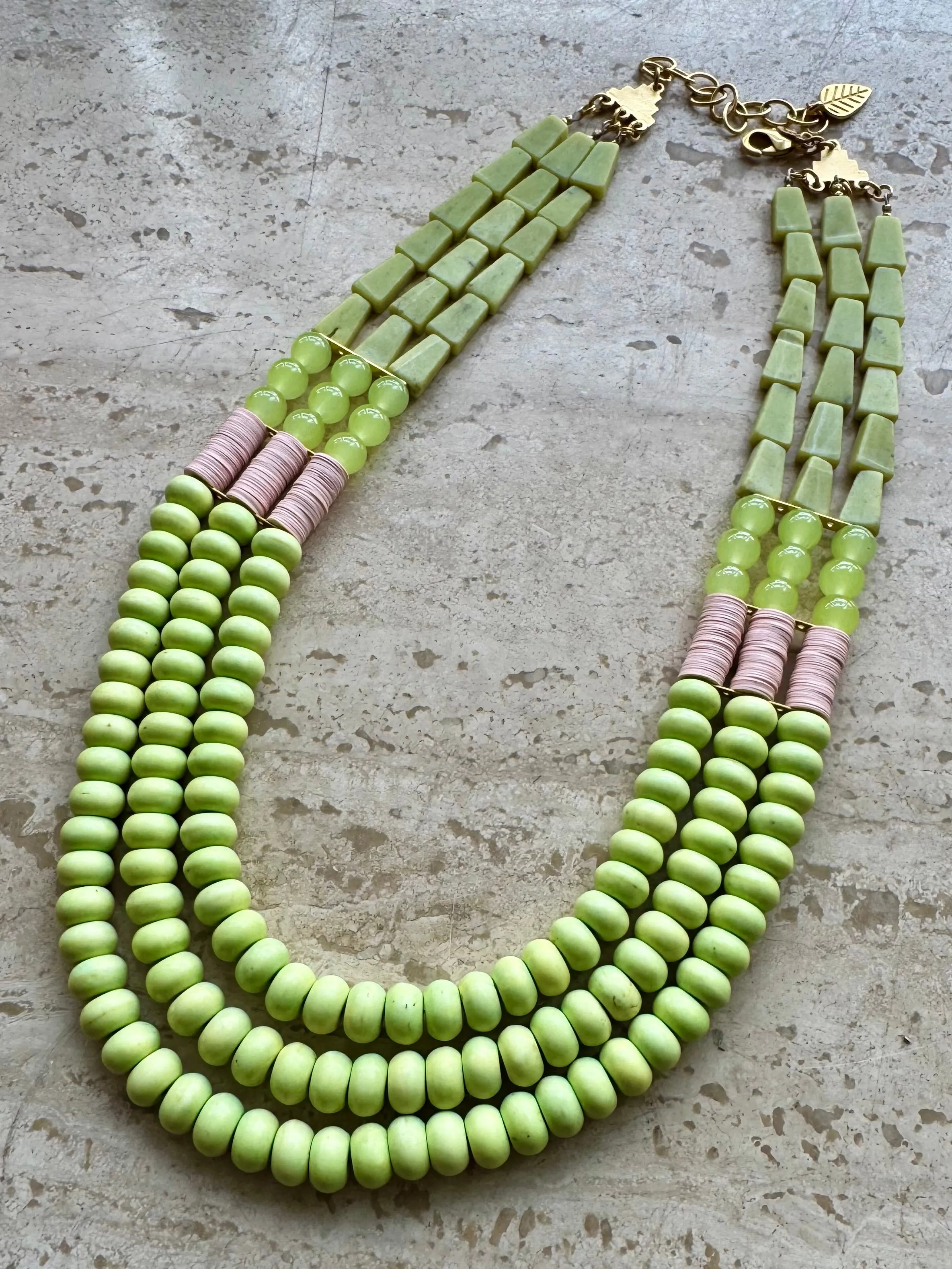 Handcrafted Serpentine and Jade Tiered  Necklace
