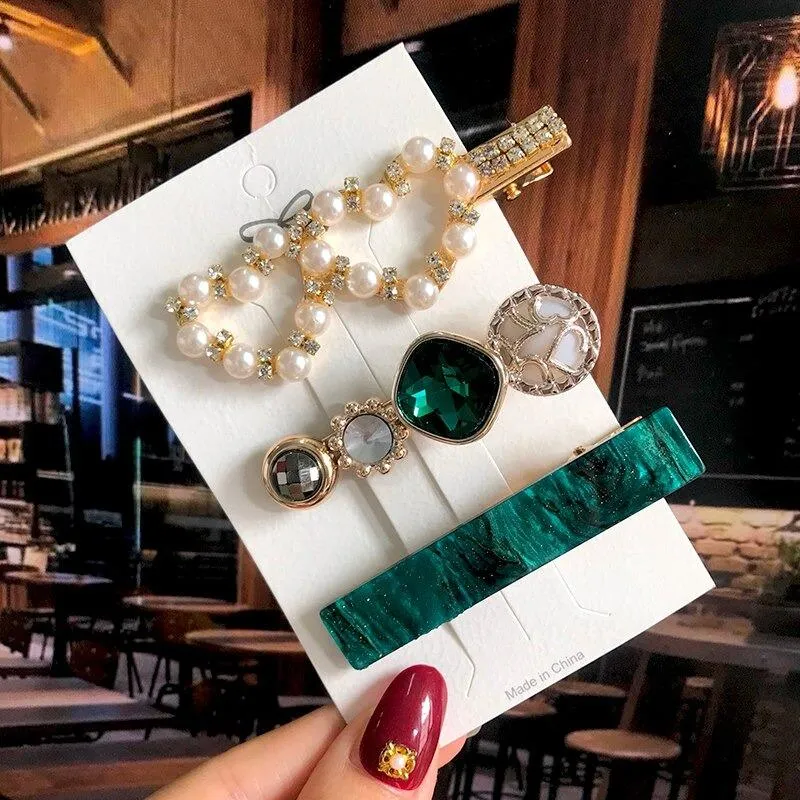 Handmade Acrylic Pearl Barrette Hair Clip Set