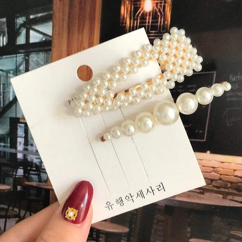 Handmade Acrylic Pearl Barrette Hair Clip Set