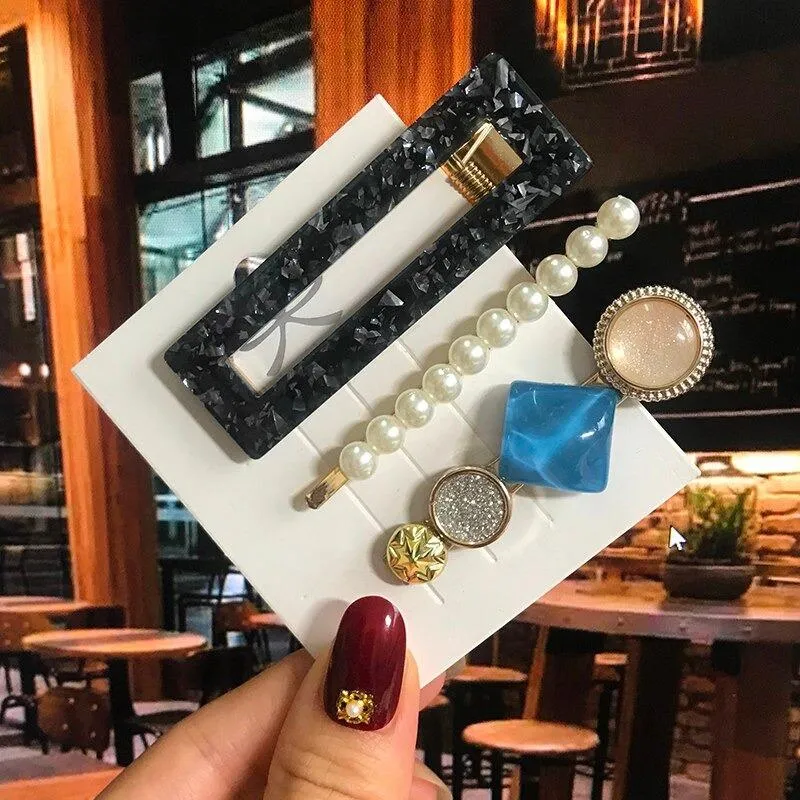 Handmade Acrylic Pearl Barrette Hair Clip Set