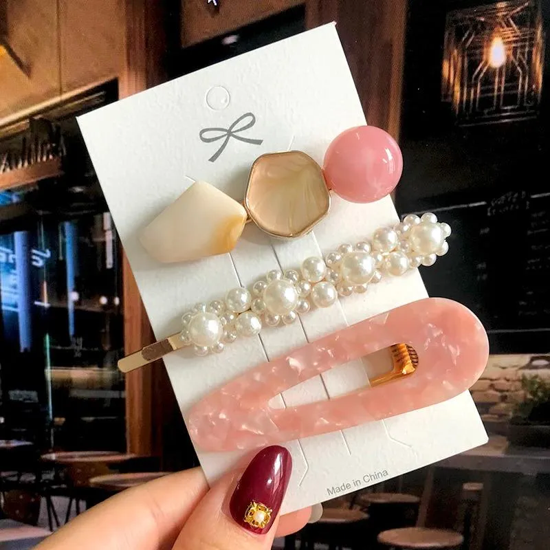 Handmade Acrylic Pearl Barrette Hair Clip Set