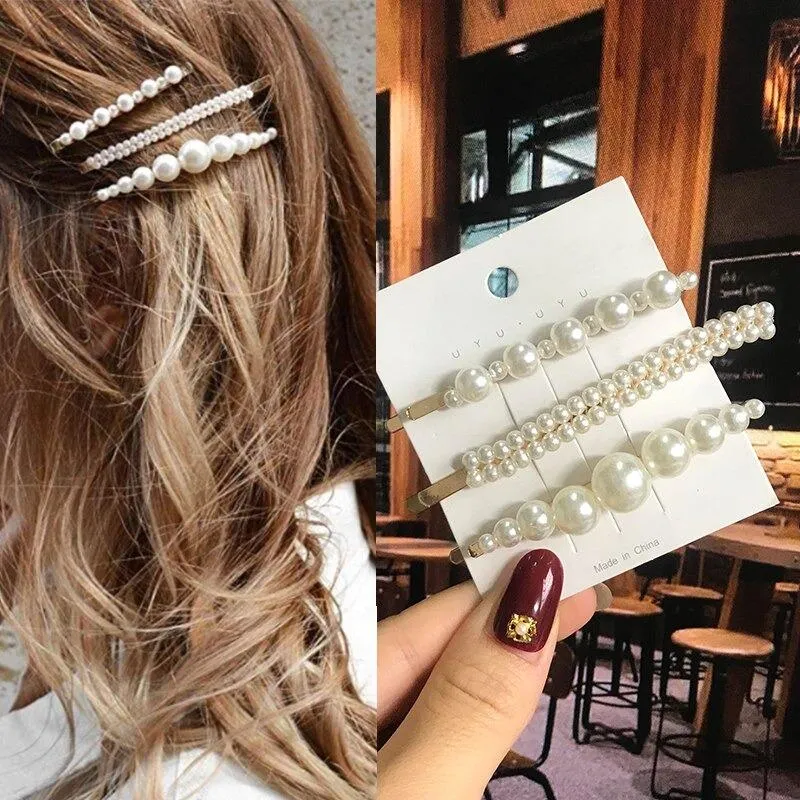 Handmade Acrylic Pearl Barrette Hair Clip Set