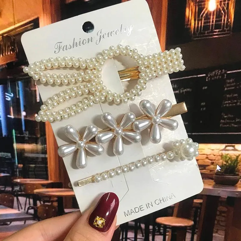 Handmade Acrylic Pearl Barrette Hair Clip Set
