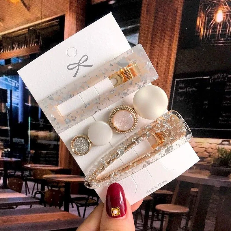 Handmade Acrylic Pearl Barrette Hair Clip Set