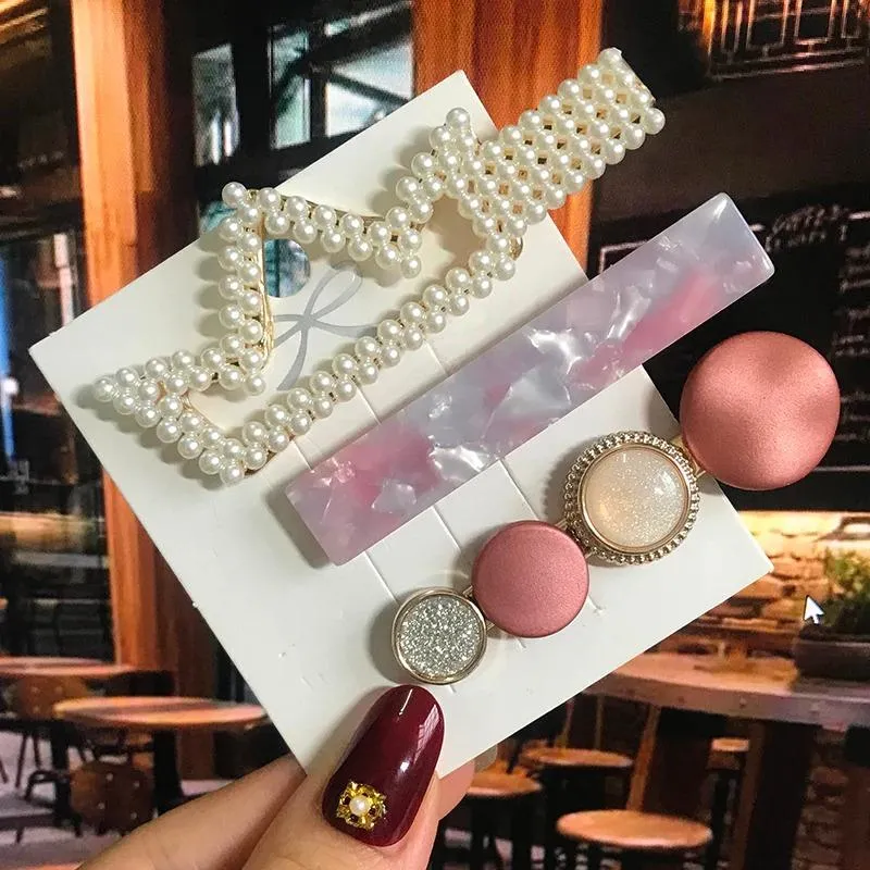 Handmade Acrylic Pearl Barrette Hair Clip Set
