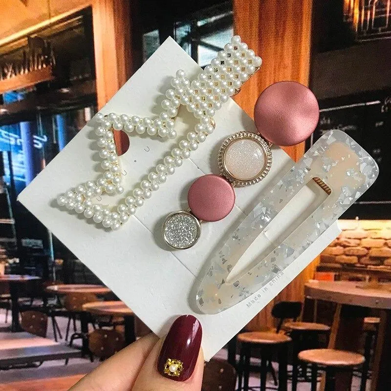 Handmade Acrylic Pearl Barrette Hair Clip Set