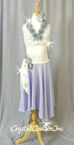Ivory/Periwinkle/Gray Bra Top & Asymmetrical Skirt with Attached Booty Shorts - Swarovski Rhinestones