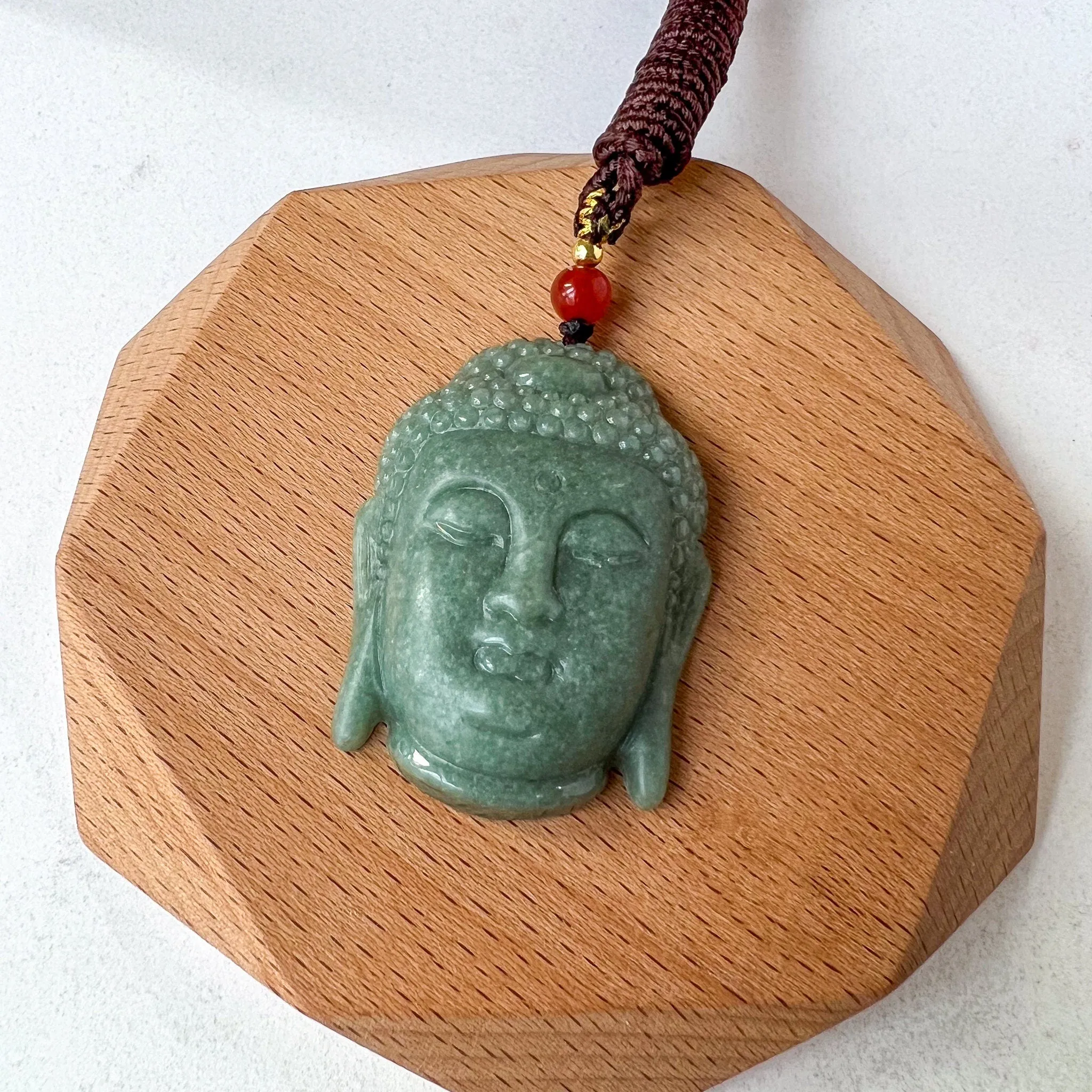 Jadeite Jade Buddha Head, Amida, Amitabha, Hand Carved Pendant, YJ-0922-0457198