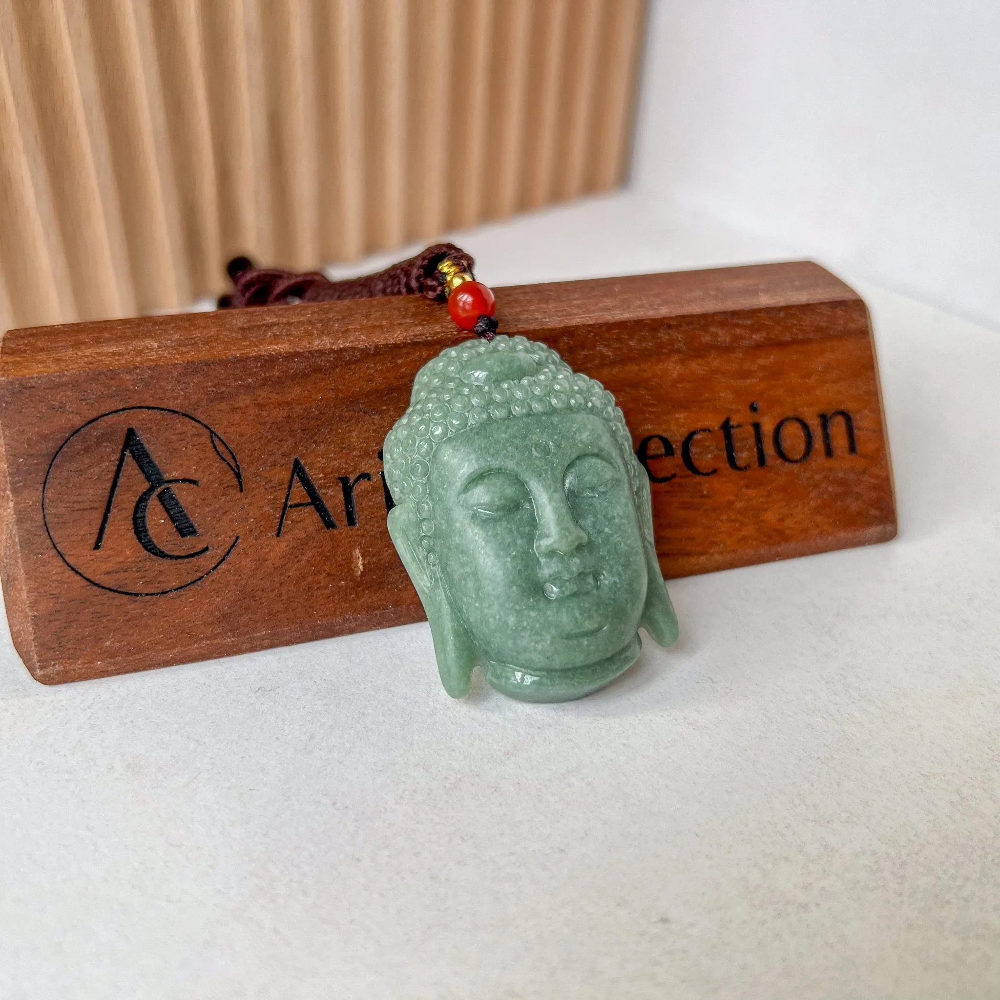 Jadeite Jade Buddha Head, Amida, Amitabha, Hand Carved Pendant, YJ-0922-0457198