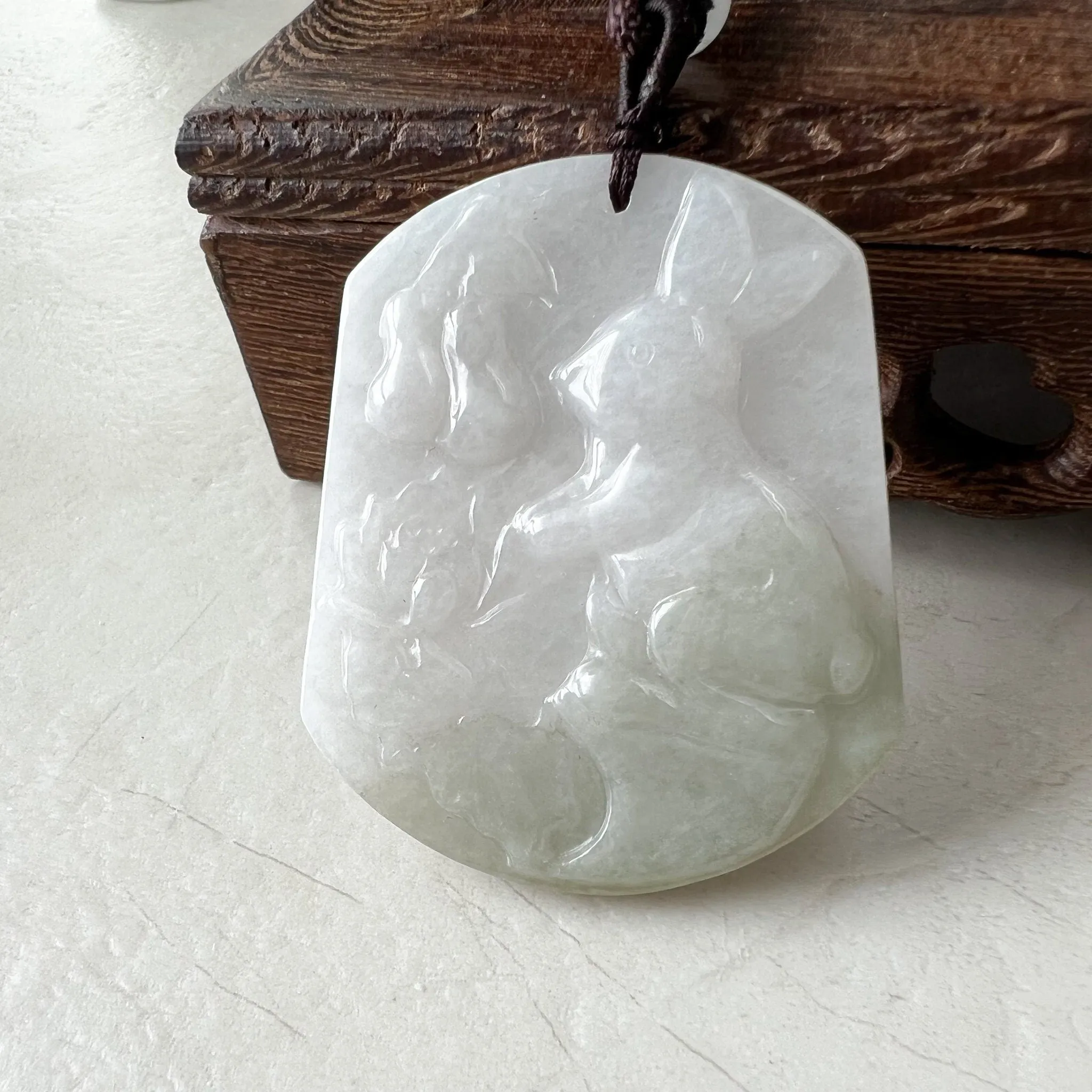 Jadeite Jade Rabbit Lotus Bottle Gourd Calabash Chinese Zodiac Carved Pendant Necklace, YJ-0322-0358536