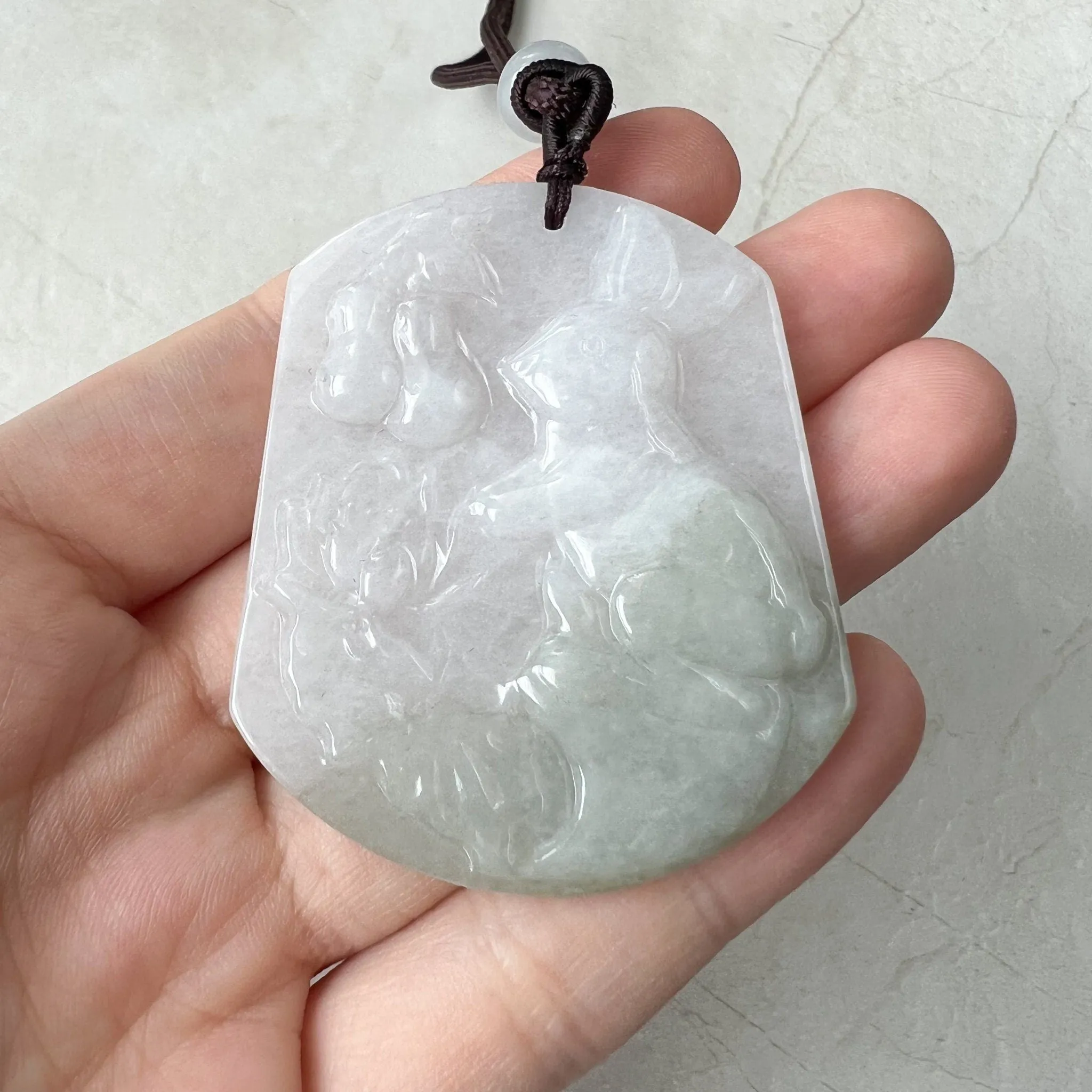 Jadeite Jade Rabbit Lotus Bottle Gourd Calabash Chinese Zodiac Carved Pendant Necklace, YJ-0322-0358536