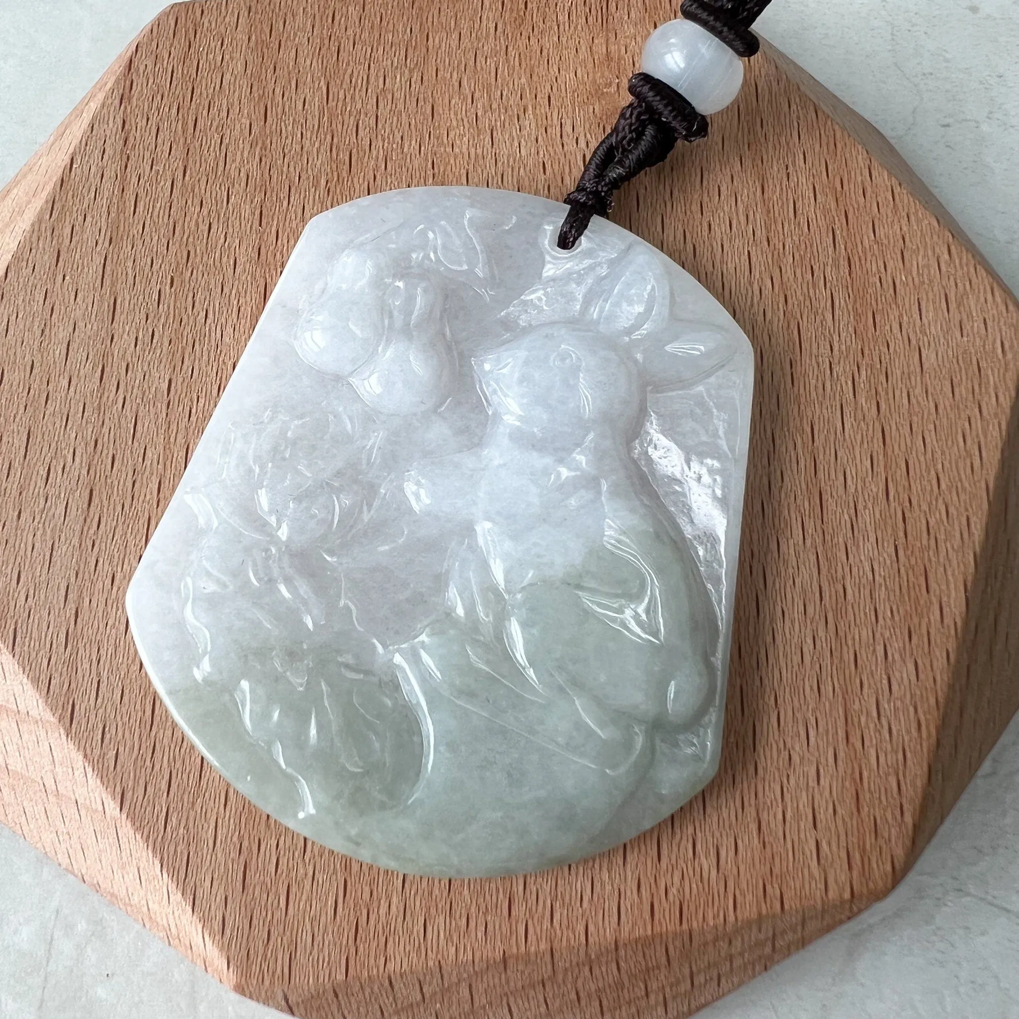 Jadeite Jade Rabbit Lotus Bottle Gourd Calabash Chinese Zodiac Carved Pendant Necklace, YJ-0322-0358536