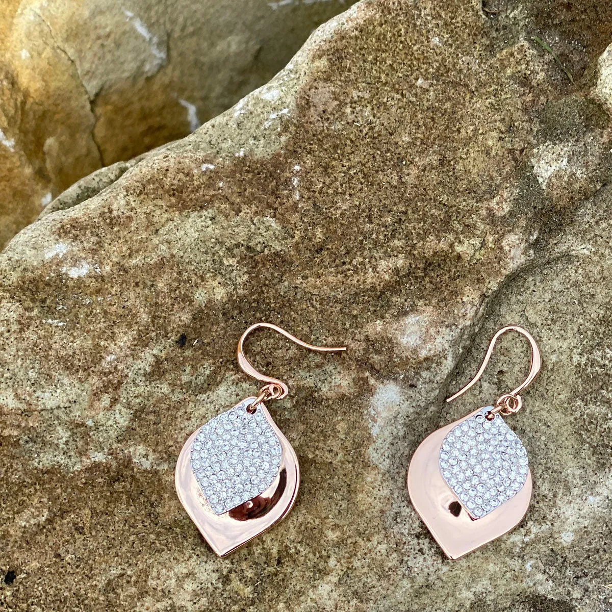 Jillian Two Tone Silver Rose Gold Rhombus Diamante Earrings