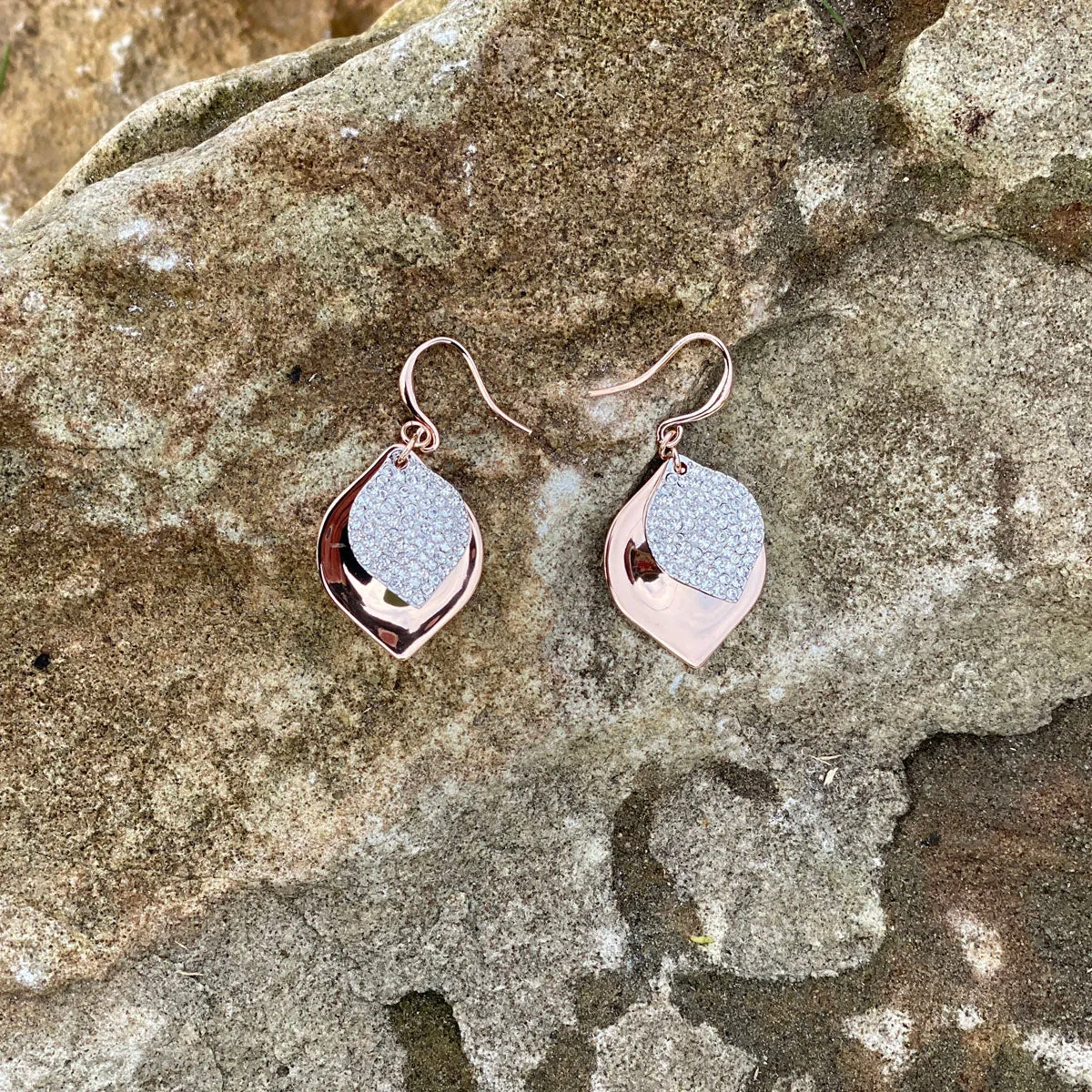 Jillian Two Tone Silver Rose Gold Rhombus Diamante Earrings