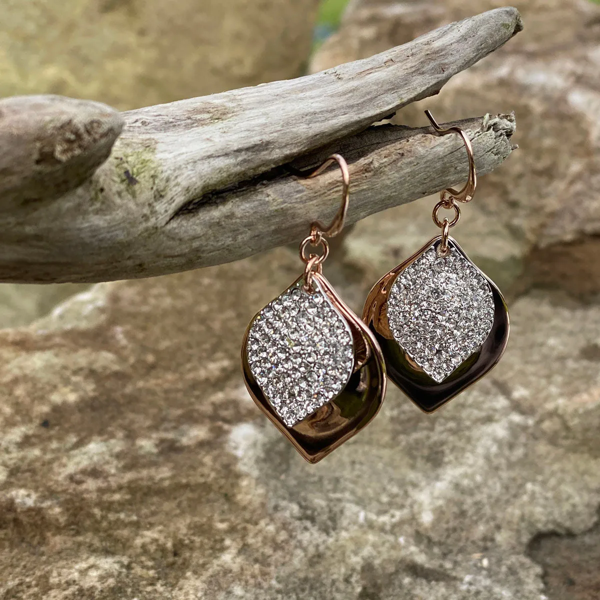 Jillian Two Tone Silver Rose Gold Rhombus Diamante Earrings