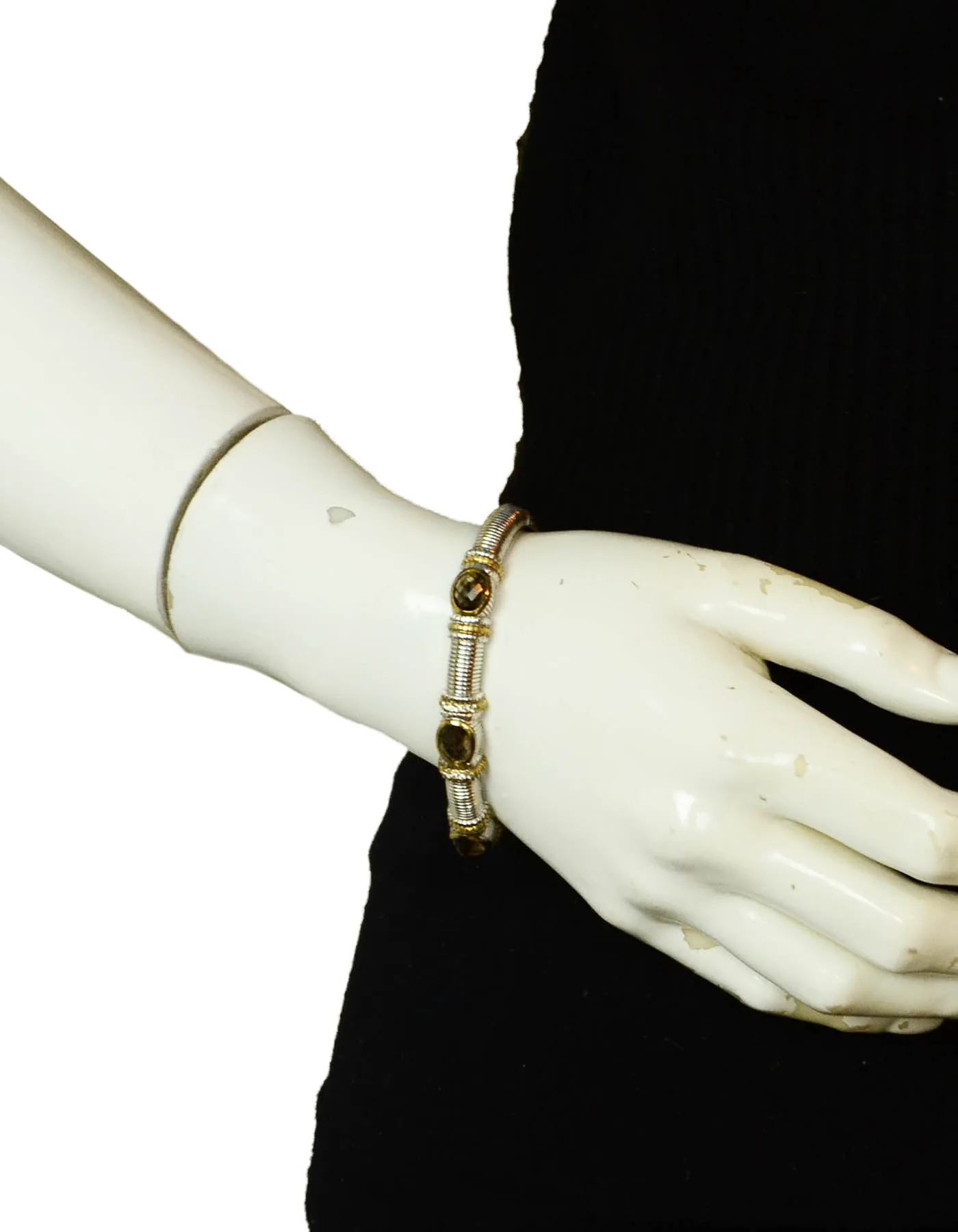 Judith Ripka Sterling & 18K Hinged Bracelet w Smokey Topaz & Diamonds