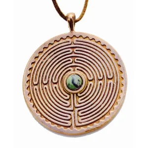 Labyrinth Peace Bronze Pendant Necklace with 6 mm Nephrite Jade gemstone on Adjustable Natural Fiber Cord (Wholesale)