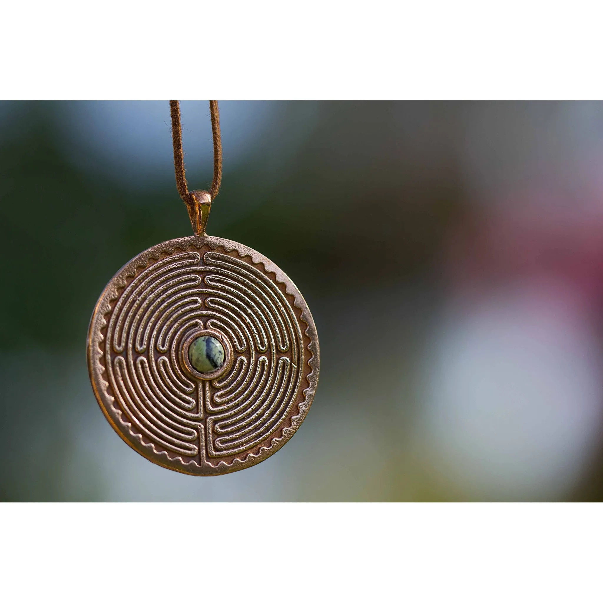 Labyrinth Peace Bronze Pendant Necklace with 6 mm Nephrite Jade gemstone on Adjustable Natural Fiber Cord (Wholesale)