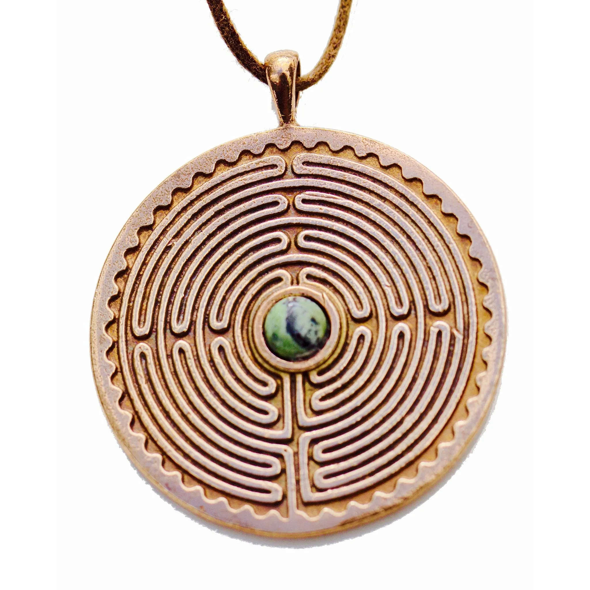 Labyrinth Peace Bronze Pendant Necklace with 6 mm Nephrite Jade gemstone on Adjustable Natural Fiber Cord (Wholesale)