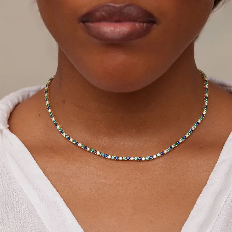 Large 4-Prong Diamond, Emerald, and Sapphire Tennis Necklace