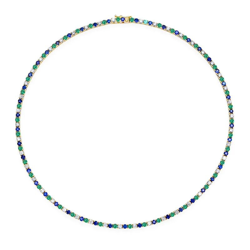 Large 4-Prong Diamond, Emerald, and Sapphire Tennis Necklace