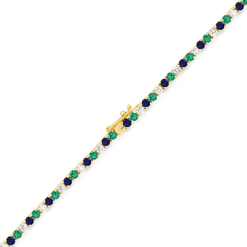 Large 4-Prong Diamond, Emerald, and Sapphire Tennis Necklace