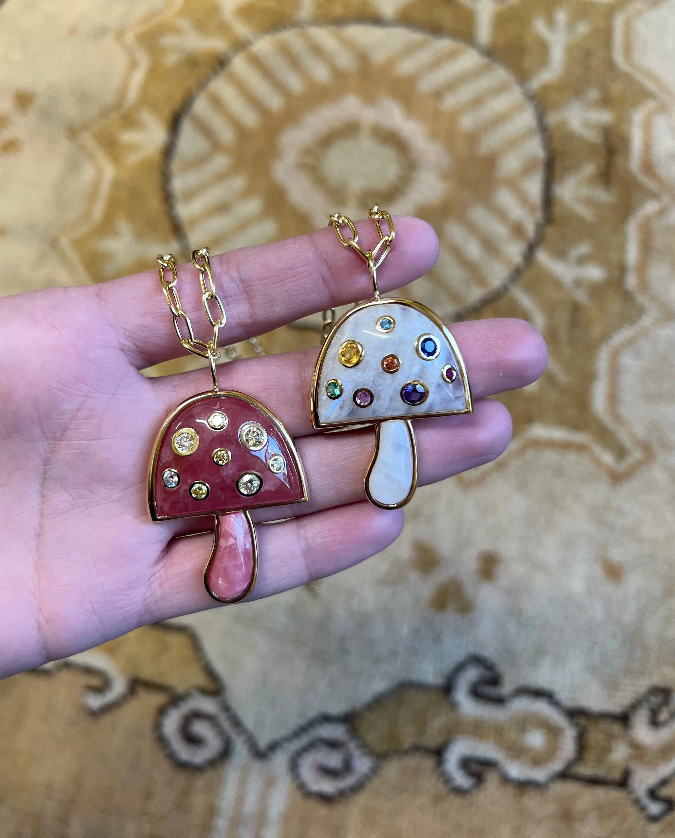 Large Magic Mushroom Pendant with Rainbow Moonstone and 
 Multi-Colored Sapphires